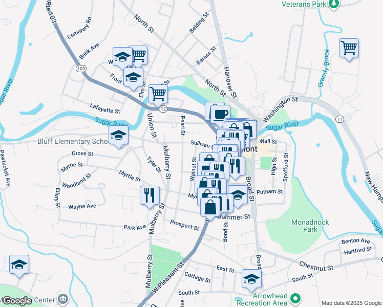 map of restaurants, bars, coffee shops, grocery stores, and more near 15 Walnut Street in Claremont