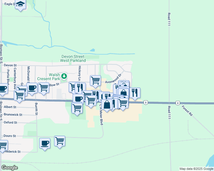 map of restaurants, bars, coffee shops, grocery stores, and more near 91 Avonwood Drive in Stratford