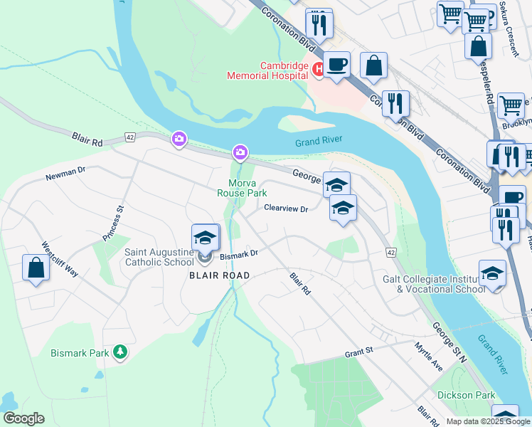 map of restaurants, bars, coffee shops, grocery stores, and more near 9 Clearview Drive in Cambridge
