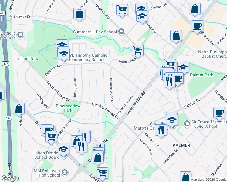 map of restaurants, bars, coffee shops, grocery stores, and more near 2055 Hunters Wood Drive in Burlington