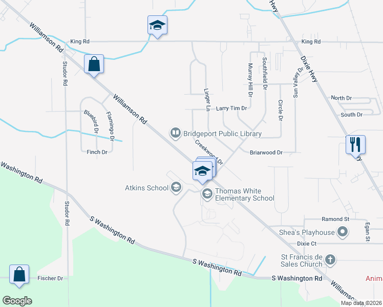 map of restaurants, bars, coffee shops, grocery stores, and more near 3455 Williamson Road in Saginaw