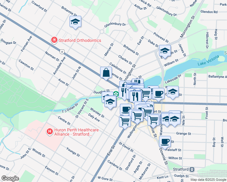 map of restaurants, bars, coffee shops, grocery stores, and more near 17 Douglas Street in Stratford