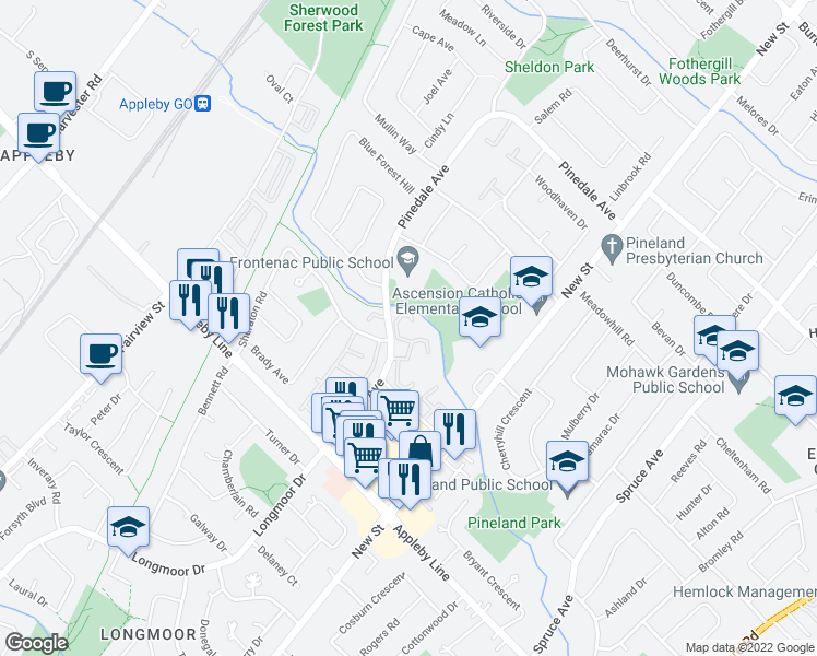 map of restaurants, bars, coffee shops, grocery stores, and more near 5090 Pinedale Avenue in Burlington