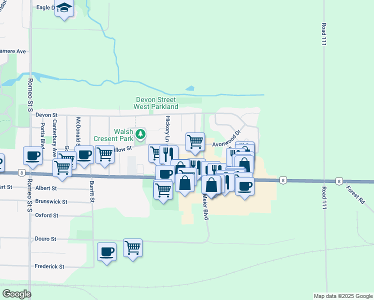 map of restaurants, bars, coffee shops, grocery stores, and more near 315 Willow Street in Stratford