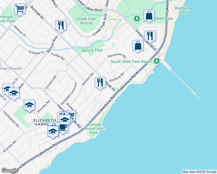 map of restaurants, bars, coffee shops, grocery stores, and more near 100 Burloak Drive in Burlington