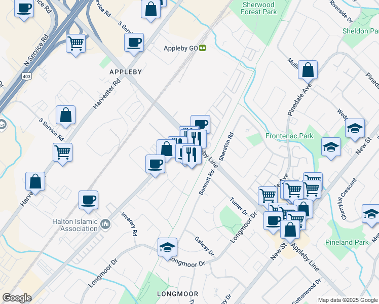 map of restaurants, bars, coffee shops, grocery stores, and more near 4490 Fairview Street in Burlington