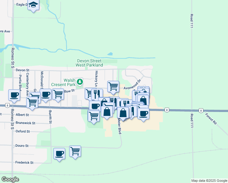 map of restaurants, bars, coffee shops, grocery stores, and more near 315 Willow Street in Stratford