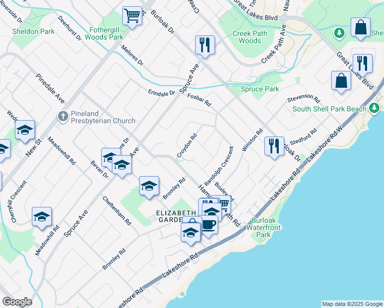 map of restaurants, bars, coffee shops, grocery stores, and more near 224 Teddington Place in Burlington