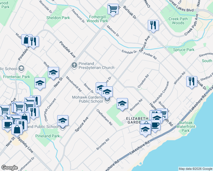 map of restaurants, bars, coffee shops, grocery stores, and more near 5322 Windermere Drive in Burlington