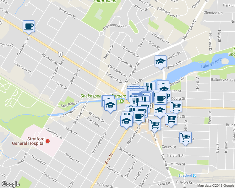 map of restaurants, bars, coffee shops, grocery stores, and more near 5 Douglas Street in Stratford