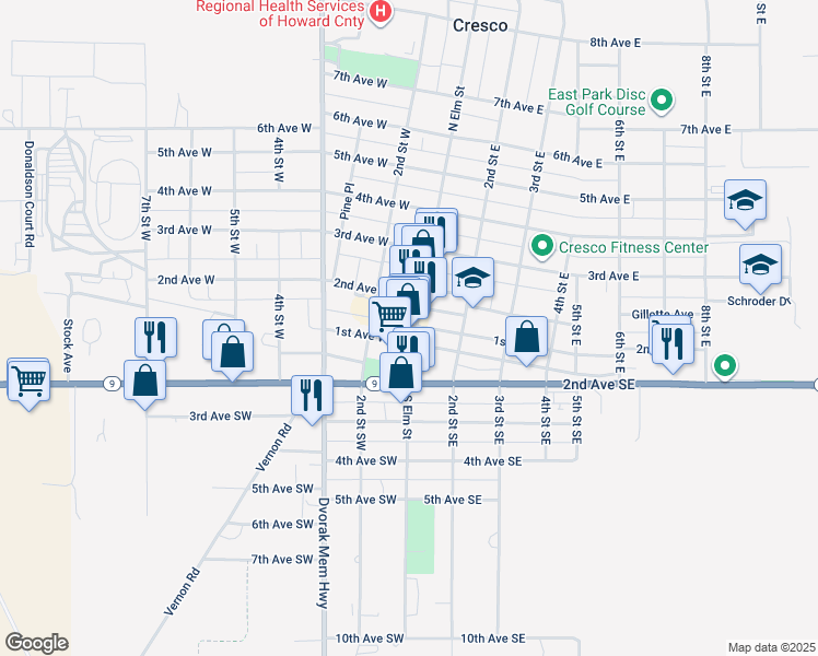 map of restaurants, bars, coffee shops, grocery stores, and more near 124 North Elm Street in Cresco