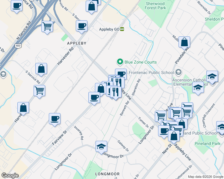 map of restaurants, bars, coffee shops, grocery stores, and more near 4490 Fairview Street in Burlington
