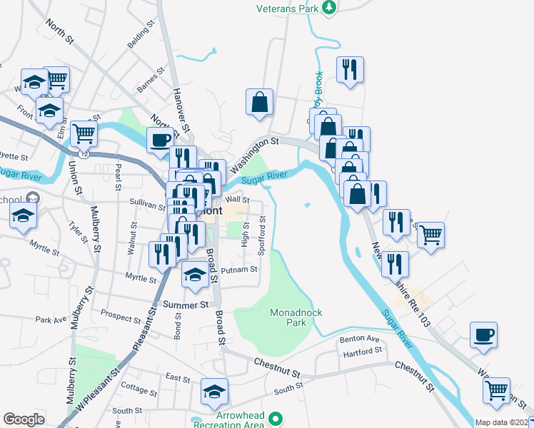 map of restaurants, bars, coffee shops, grocery stores, and more near 24 Spofford Street in Claremont