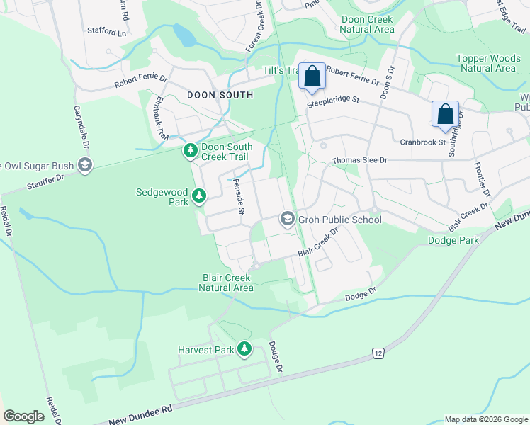 map of restaurants, bars, coffee shops, grocery stores, and more near 220 Thomas Slee Drive in Kitchener