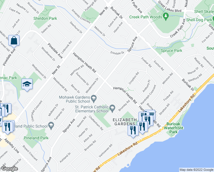 map of restaurants, bars, coffee shops, grocery stores, and more near 284 Hampton Heath Road in Burlington