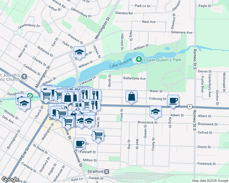map of restaurants, bars, coffee shops, grocery stores, and more near 137 Water Street in Stratford
