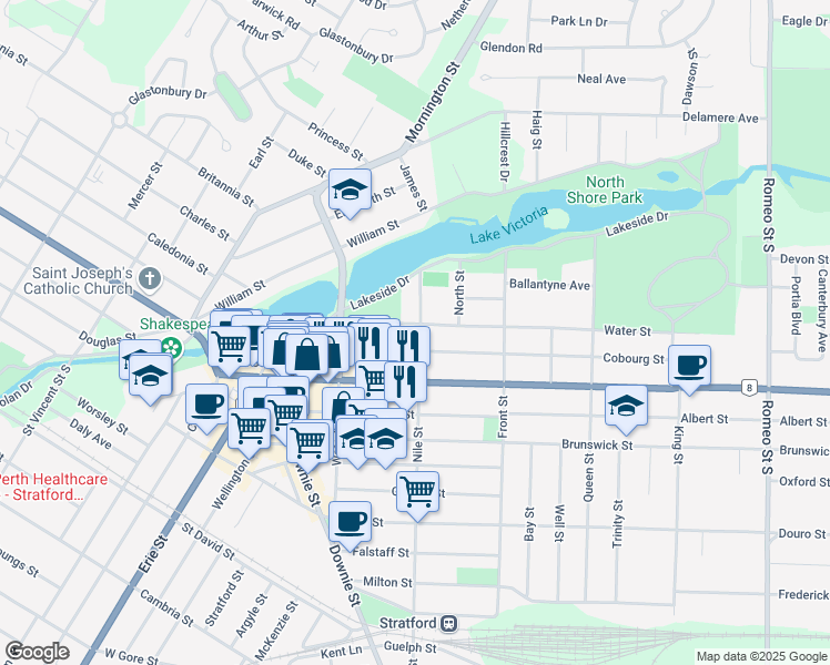 map of restaurants, bars, coffee shops, grocery stores, and more near 8 Nile Street in Stratford