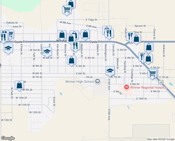 map of restaurants, bars, coffee shops, grocery stores, and more near 200-298 East 6th Street in Winner