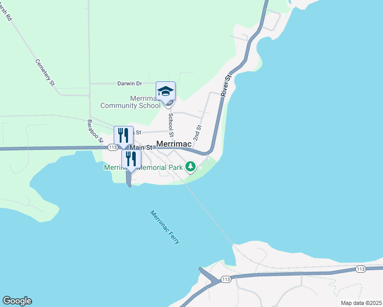 map of restaurants, bars, coffee shops, grocery stores, and more near 191 Grove Street in Merrimac