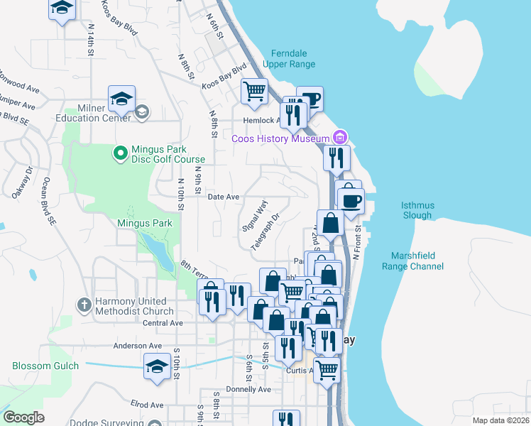 map of restaurants, bars, coffee shops, grocery stores, and more near 790 Telegraph Drive in Coos Bay