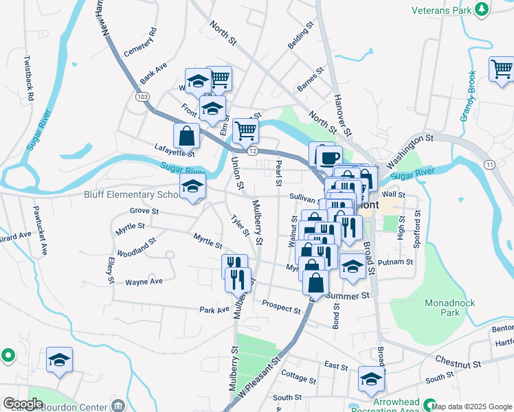 map of restaurants, bars, coffee shops, grocery stores, and more near 12 Mulberry Street in Claremont