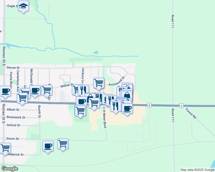 map of restaurants, bars, coffee shops, grocery stores, and more near 91 Avonwood Drive in Stratford