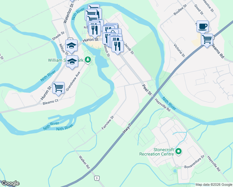 map of restaurants, bars, coffee shops, grocery stores, and more near 416 Fairview Street in New Hamburg