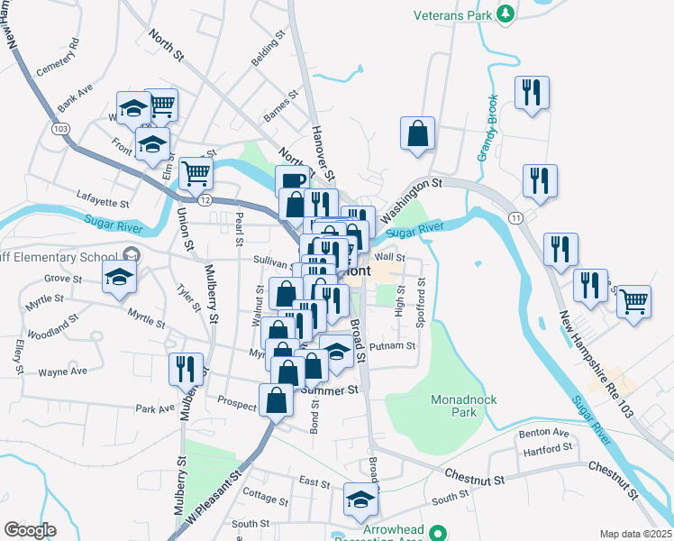 map of restaurants, bars, coffee shops, grocery stores, and more near Highway 12 in Claremont