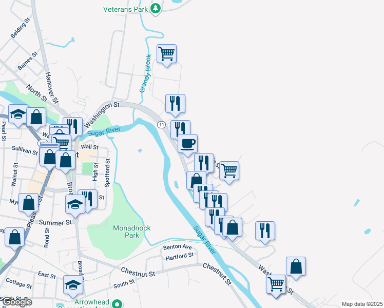 map of restaurants, bars, coffee shops, grocery stores, and more near 202 Washington Street in Claremont