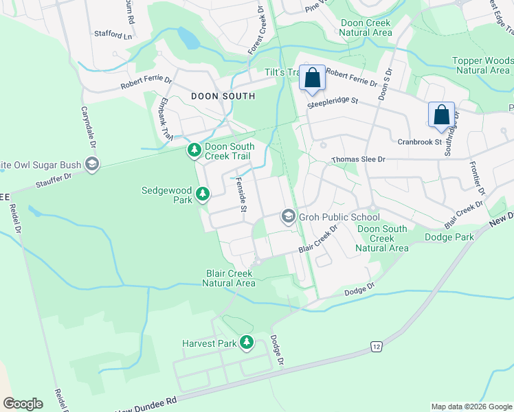 map of restaurants, bars, coffee shops, grocery stores, and more near 164 South Creek Drive in Kitchener