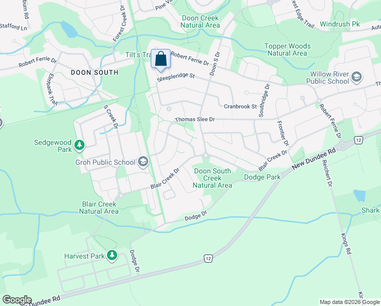 map of restaurants, bars, coffee shops, grocery stores, and more near 551 Blair Creek Drive in Kitchener