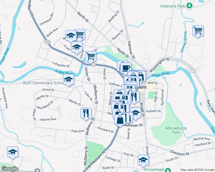 map of restaurants, bars, coffee shops, grocery stores, and more near 15 Walnut Street in Claremont