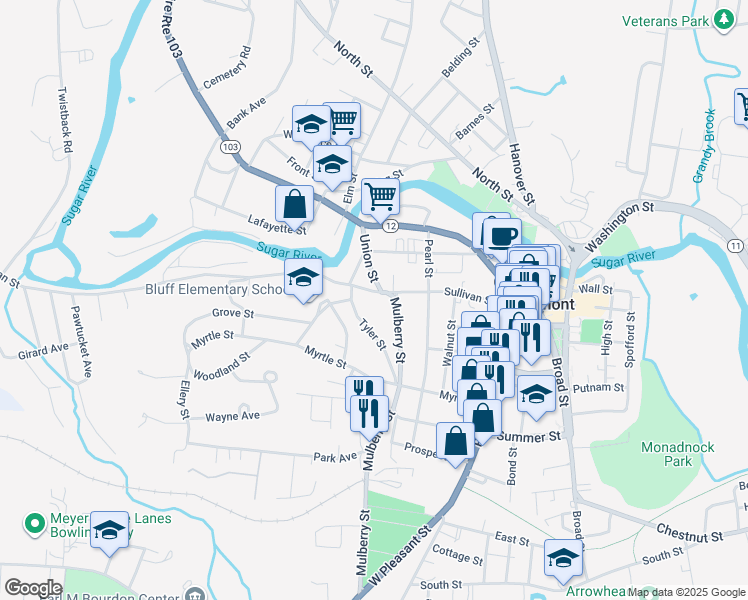 map of restaurants, bars, coffee shops, grocery stores, and more near 67 Tyler Street in Claremont