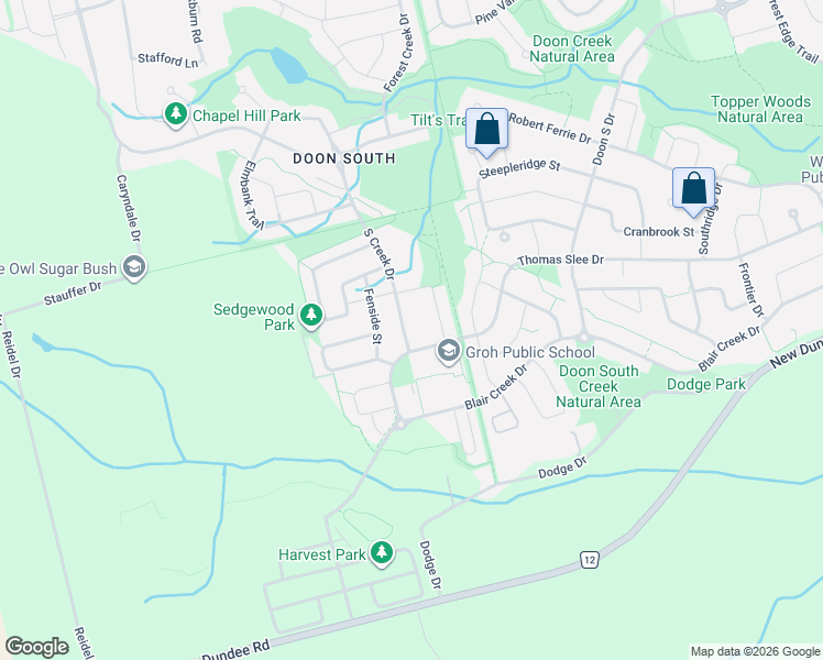 map of restaurants, bars, coffee shops, grocery stores, and more near 220 Thomas Slee Drive in Kitchener