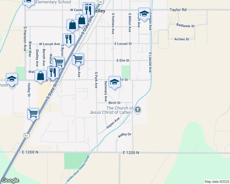 map of restaurants, bars, coffee shops, grocery stores, and more near 200 East Fir Street in Shelley