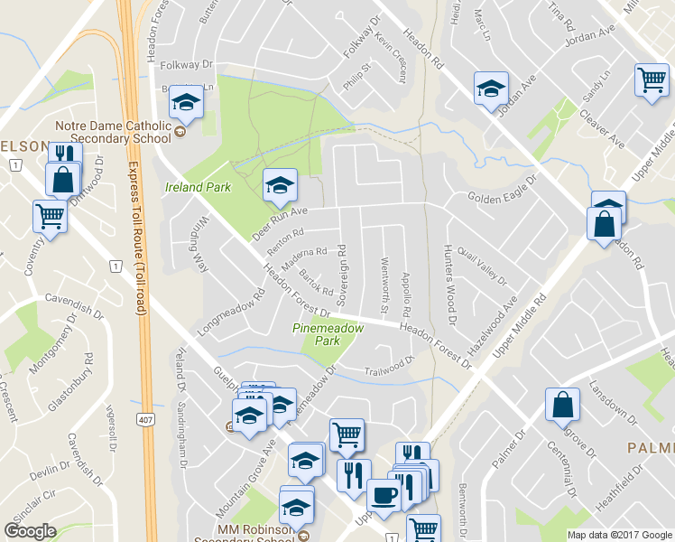 map of restaurants, bars, coffee shops, grocery stores, and more near 3217 Sovereign Road in Burlington