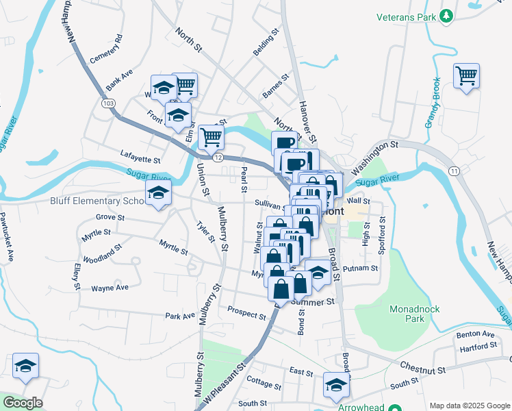 map of restaurants, bars, coffee shops, grocery stores, and more near 15 Walnut Street in Claremont
