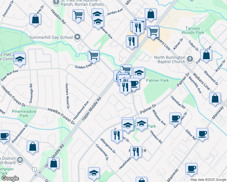 map of restaurants, bars, coffee shops, grocery stores, and more near 1498 Paddington Court in Burlington