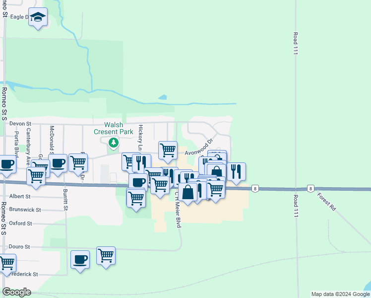 map of restaurants, bars, coffee shops, grocery stores, and more near 91 Avonwood Drive in Stratford
