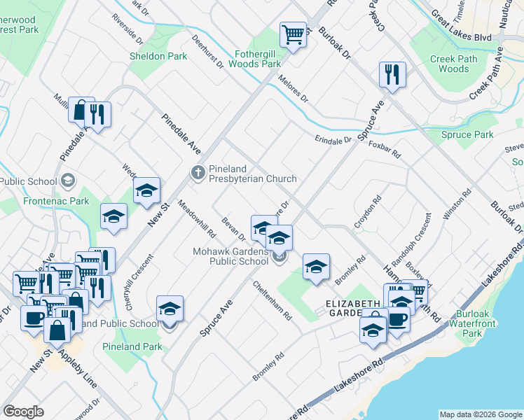 map of restaurants, bars, coffee shops, grocery stores, and more near 344 Duncombe Court in Burlington