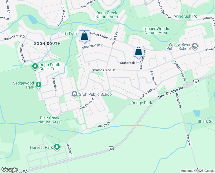 map of restaurants, bars, coffee shops, grocery stores, and more near 693 Doon South Drive in Kitchener