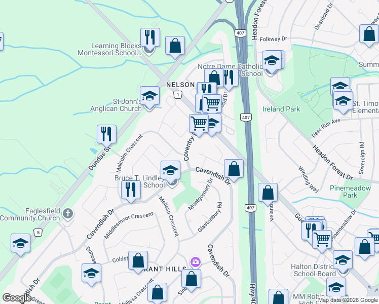 map of restaurants, bars, coffee shops, grocery stores, and more near 2414 Coventry Way in Burlington
