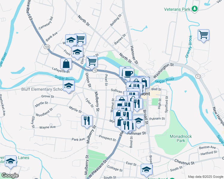 map of restaurants, bars, coffee shops, grocery stores, and more near 16 Central Street in Claremont
