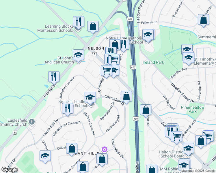 map of restaurants, bars, coffee shops, grocery stores, and more near 2400 Guelph Line in Burlington