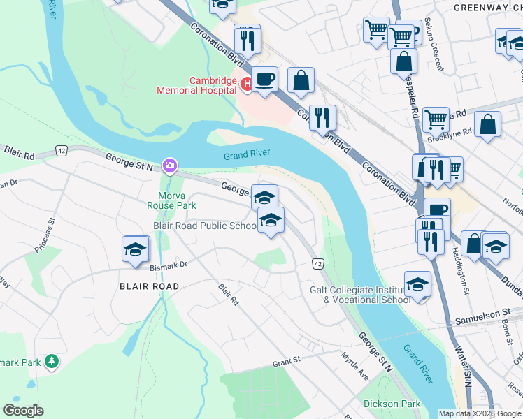 map of restaurants, bars, coffee shops, grocery stores, and more near 68 Sunset Boulevard in Cambridge