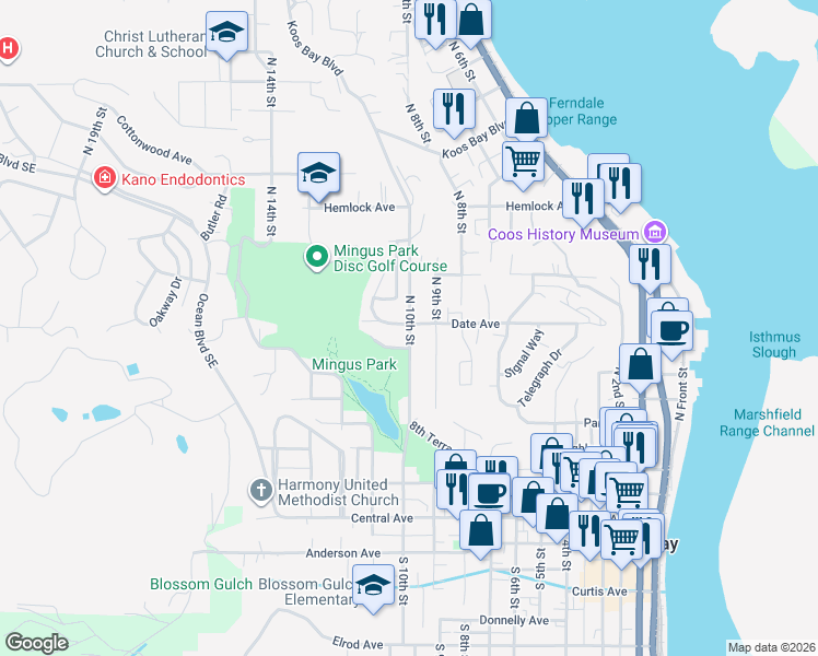 map of restaurants, bars, coffee shops, grocery stores, and more near 881 North 10th Street in Coos Bay