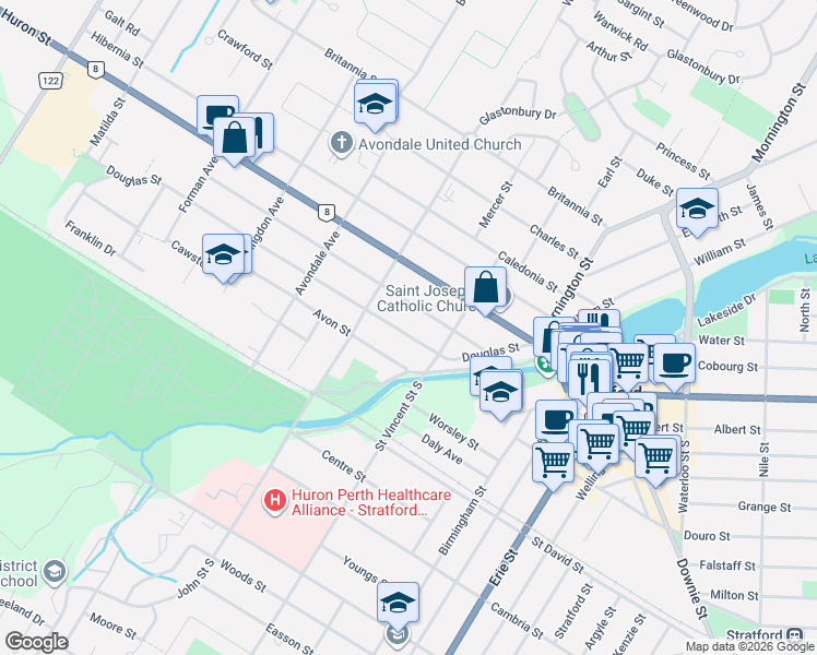 map of restaurants, bars, coffee shops, grocery stores, and more near 128 Douglas Street in Stratford