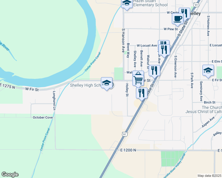 map of restaurants, bars, coffee shops, grocery stores, and more near 570 West Fir Street in Shelley