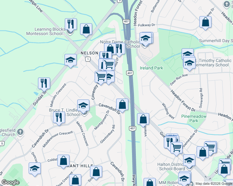 map of restaurants, bars, coffee shops, grocery stores, and more near 2376 Brunswick Court in Burlington