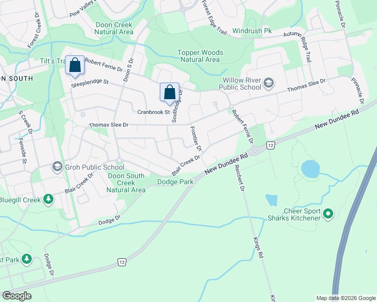 map of restaurants, bars, coffee shops, grocery stores, and more near 485 Thomas Slee Drive in Kitchener